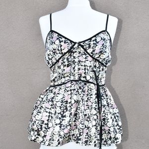 Floral Satin Top with Black Piping